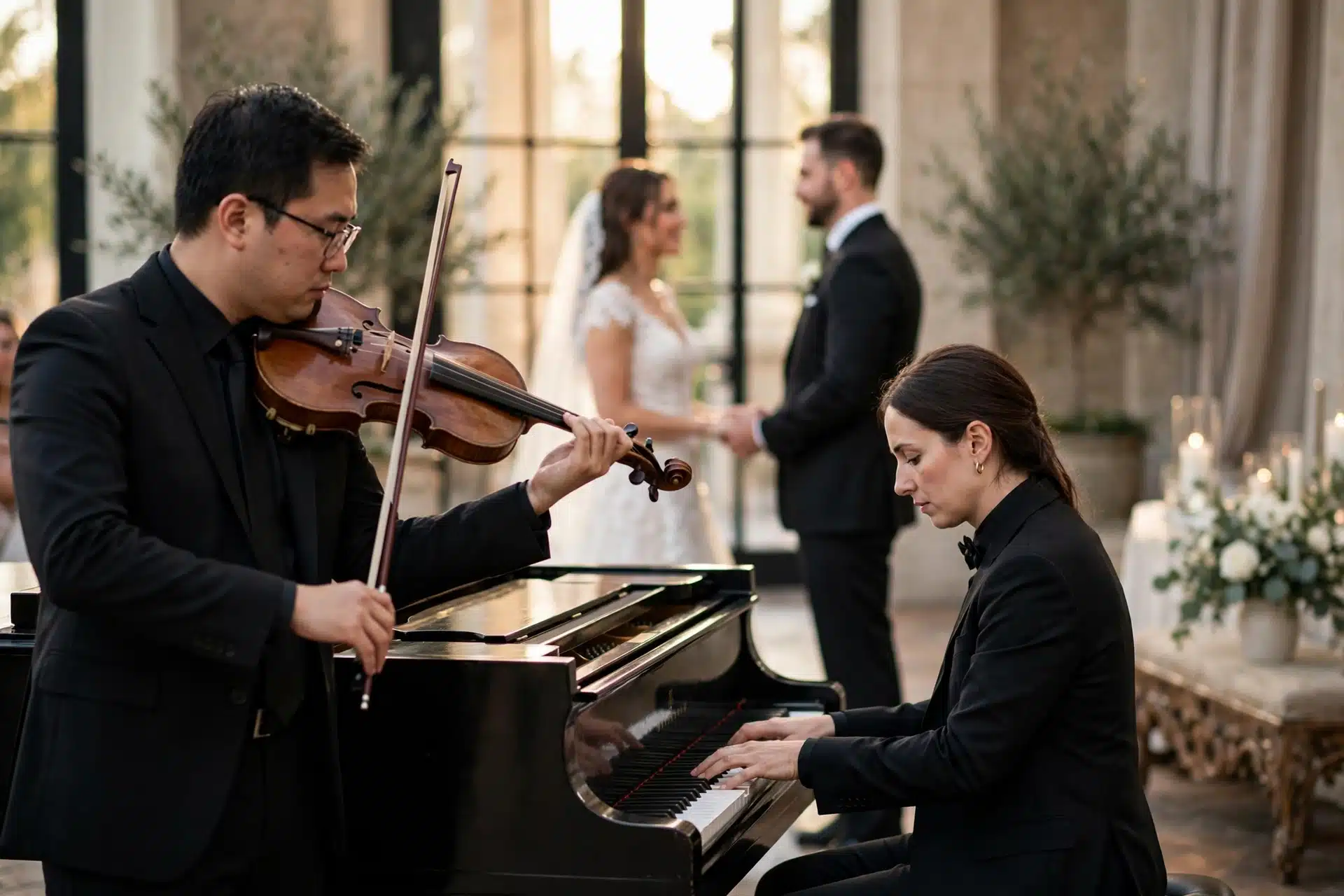Dúo de violín y piano interpretando el repertorio de una ceremonia civil