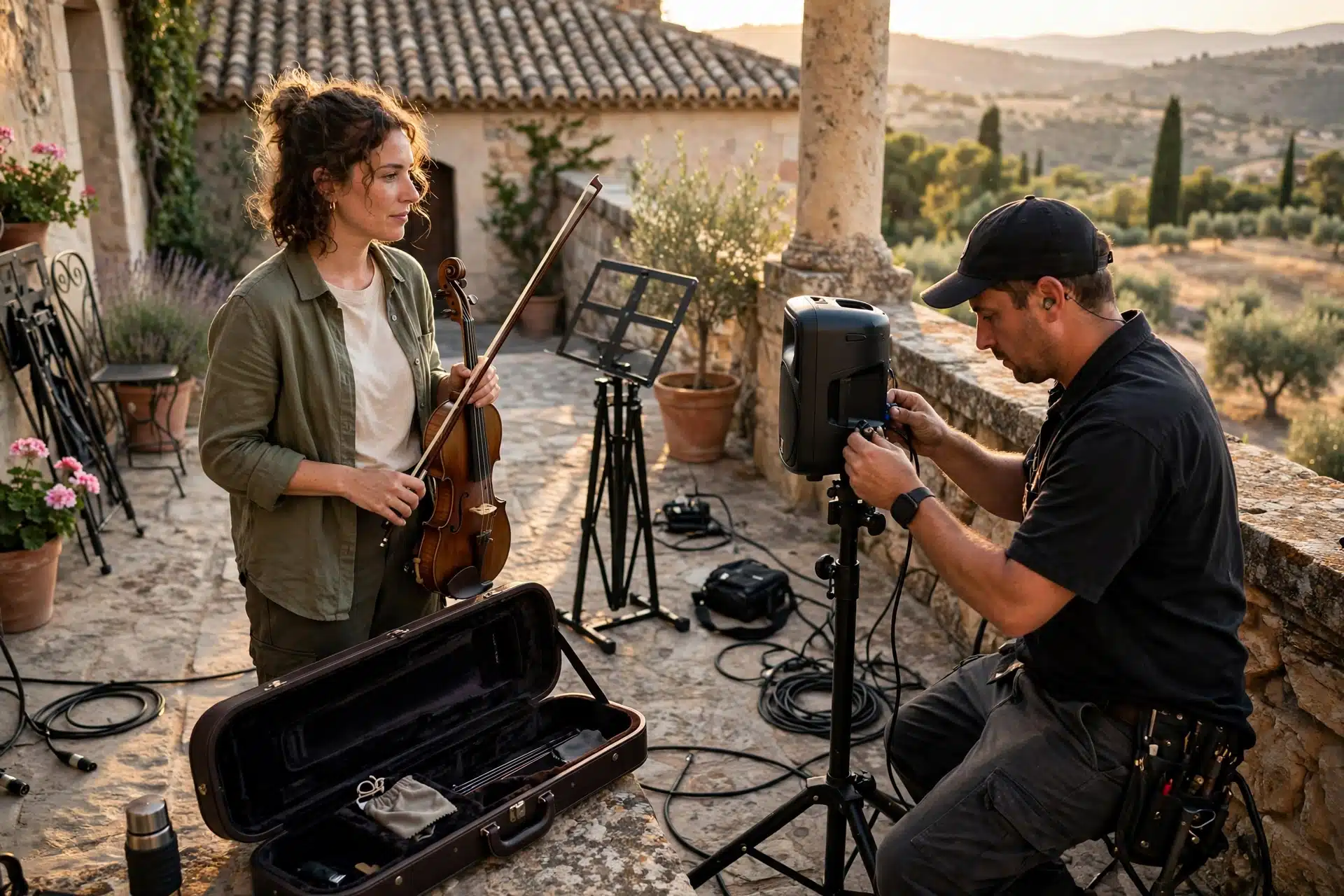 Violinista y técnico preparando el equipo de sonido antes de una boda al aire libre