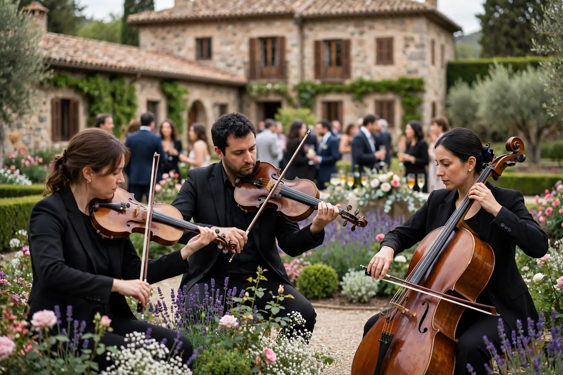 Música en directo para bodas en fincas de Madrid. Trío de cuerda actuando en el jardín de una finca de bodas en Madrid