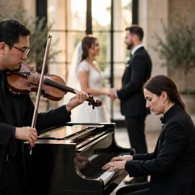 Dúo de violín y piano interpretando el repertorio de una ceremonia civil