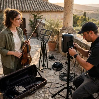 Violinista y técnico preparando el equipo de sonido antes de una boda al aire libre