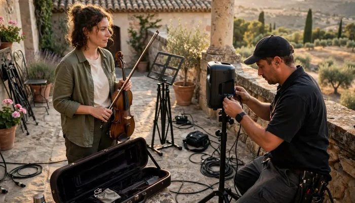 Violinista y técnico preparando el equipo de sonido antes de una boda al aire libre