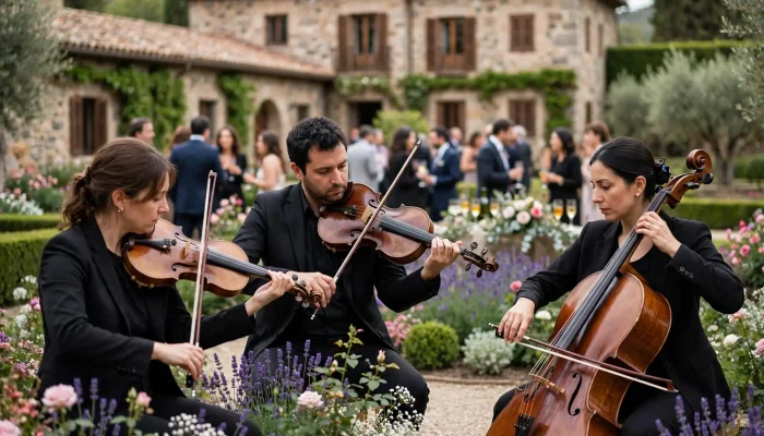 Música en directo para bodas en fincas de Madrid. Trío de cuerda actuando en el jardín de una finca de bodas en Madrid